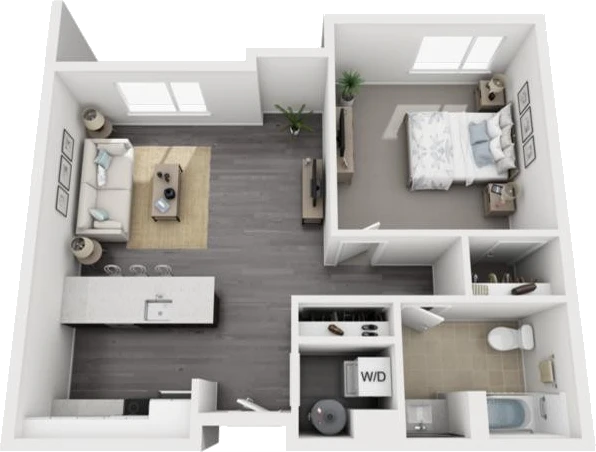 3D floor plan of Unit A, a one-bedroom