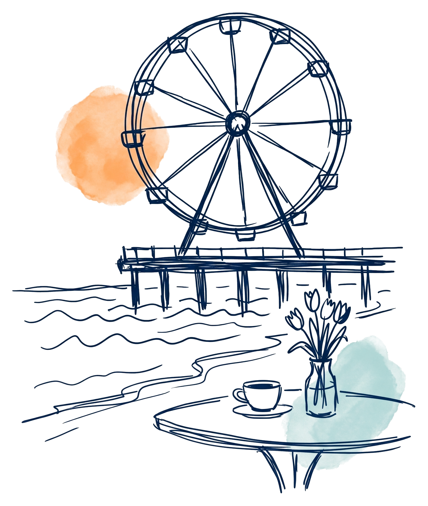 Hand-drawn sketch of the Ferris wheel on the pier, with a cafe table, coffee and tulips by the water
