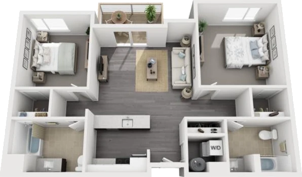 3D floor plan of Unit B, a two-bedroom