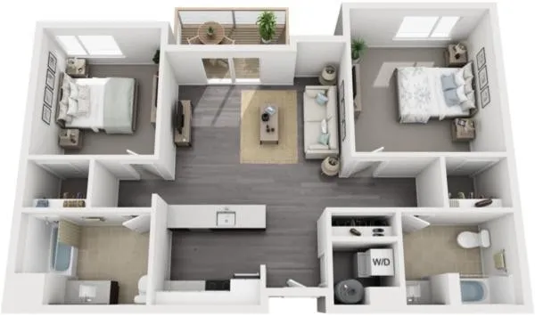 Unit B floor plan: two bedrooms, two baths, balcony