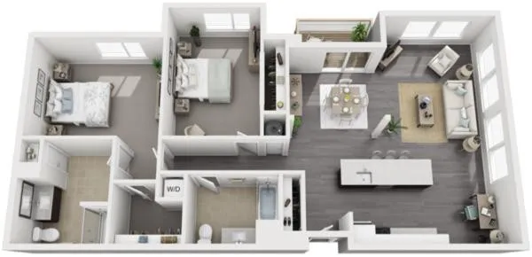 Unit D floor plan: two bedrooms, two baths, dining area